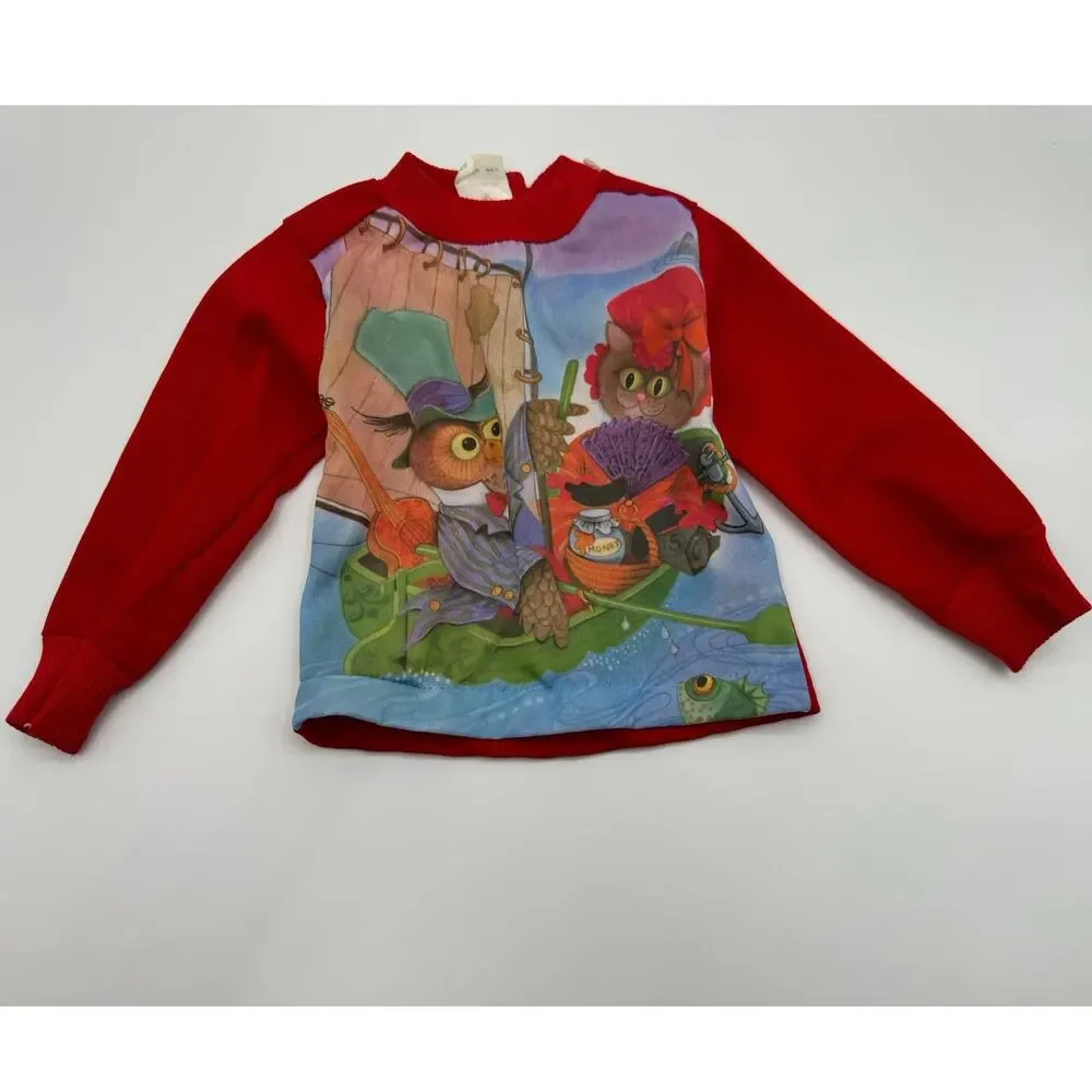 Vintage 80s Playtown Owl Graphic Sweatshirt Red Sleeves Hong Kong 12M RARE‎